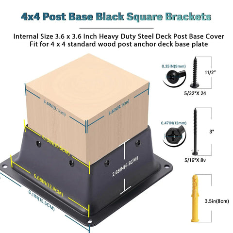 Beefy Heavy Duty 4x4 Post Base Brackets Set Of 2 In Black Powder Coat Fit Standard Wood Posts 3.6x3.6 Inch with screws.