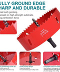 Front view of red 4-inch HSS bi-metal hole saw with pilot drill bit