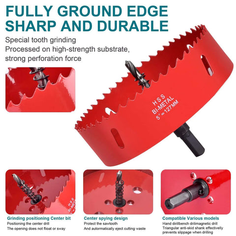 Front view of red 4-inch HSS bi-metal hole saw with pilot drill bit