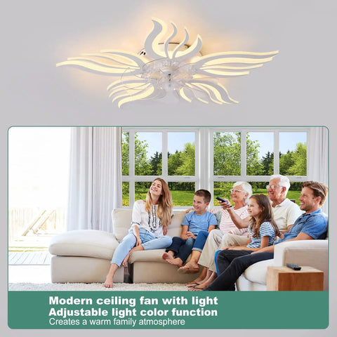 Bladeless Ceiling Fan With Remote And Lights, 27 Inch Modern Flower Shade Ceiling Fan above family in living room