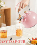 Pink Stainless Steel Tea Kettle For Stove Top 2.6 Qt Whistling Kettle With Wood Pattern Folding Handle And Thumb Control Spout