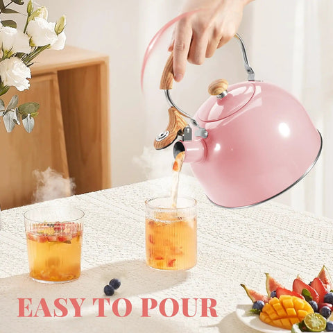 Pink Stainless Steel Tea Kettle For Stove Top 2.6 Qt Whistling Kettle With Wood Pattern Folding Handle And Thumb Control Spout