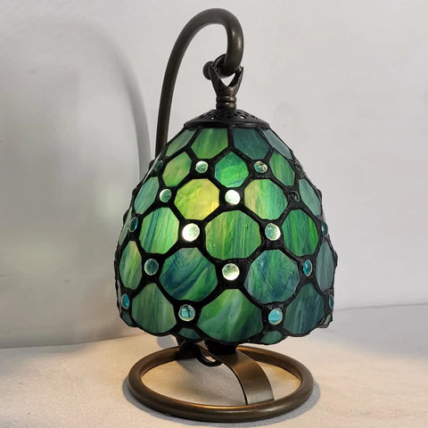 Small Tiffany Style Stained Glass Table Lamp Sea Blue Pearl 10 Inch Tall 6 Inch Wide 8 Inch Long Vintage Accent Night Light