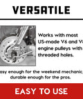 Close-up of Gearhead Grade Harmonic Balancer Puller And Installer Tool Kit on V8 engine pulley with threaded holes, versatile use.