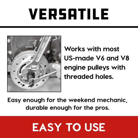 Close-up of Gearhead Grade Harmonic Balancer Puller And Installer Tool Kit on V8 engine pulley with threaded holes, versatile use.