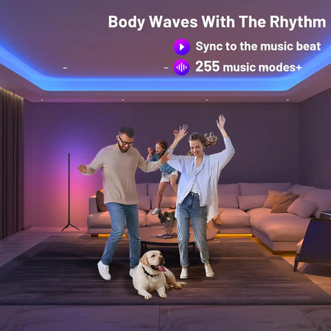 Smart RGB LED Floor Lamp With App And Remote Control, 49 Inch Corner Light in living room syncing with music beats