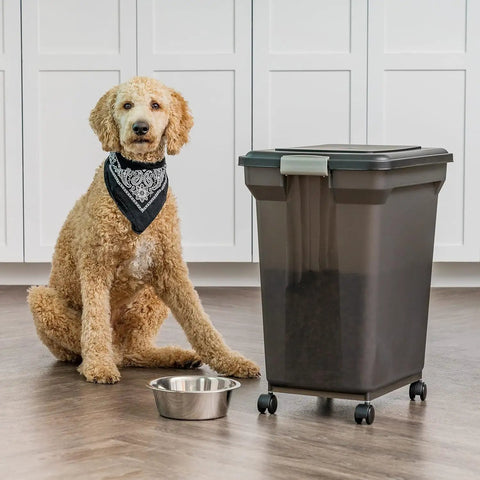 Zero Fuss Built Tough Pet Food Storage Container Keeps Dry Kibble Crisp All Week Long Smoke Black Airtight Lidded Bin Holds Fifty Eight Pounds Made In Usa For Cats And Dogs