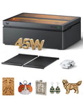 Vision Pro Laser Cutter And Engraver With Air Assist HD Camera Auto Lifting And Full Enclosure Delivers 60W Like Cutting Power BeamFocus Tech Cuts 1 Inch Wood And 20mm Black Acrylic In One Pass For Wood Metal Acrylic Leather with accessories and sample engravings