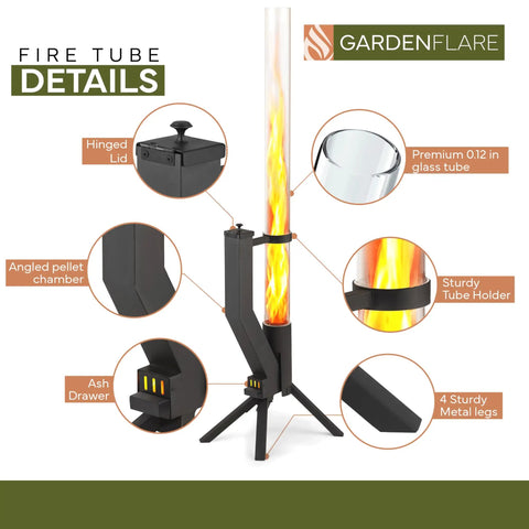 Detailed parts of the Stainless Steel Pellet Stove Smokeless Firepit For Ambiance On The Patio, highlighting fire tube and legs