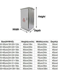 Weatherproof 304 Stainless Steel Electrical Enclosure Outdoor Box for Beefed Up Heavy Duty Junctions, IP55 Waterproof, Floor Mounted Cabinet, Durable Metal Electrical Cabinet, 60x90x45 cm, front view with size chart