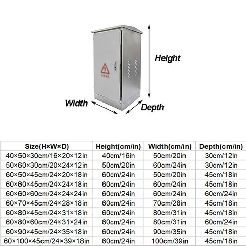 Weatherproof 304 Stainless Steel Electrical Enclosure Outdoor Box for Beefed Up Heavy Duty Junctions, IP55 Waterproof, Floor Mounted Cabinet, Durable Metal Electrical Cabinet, 60x90x45 cm, front view with size chart