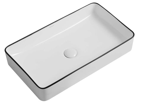 Ceramic Vessel Sink Above Counter Square Bathroom Basin 24 Inch By 14 Inch By 4 Inch With Popup Drain Modern Art Style Durable White Gloss Finish