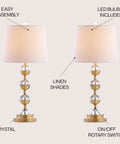 Clear Brass Gold Crystal LED Table Lamps Set of 2 with white linen drum shades showing easy assembly and rotary switch.