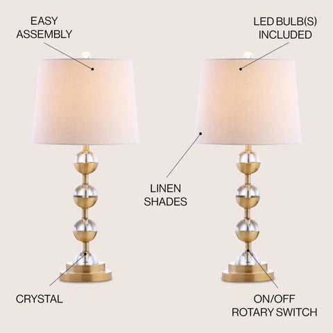 Clear Brass Gold Crystal LED Table Lamps Set of 2 with white linen drum shades showing easy assembly and rotary switch.