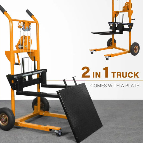 Heavy Duty Manual Pallet Stacker With Rock Solid Winch System Designed For Narrow Aisles And No Sweat Lifting Of Heavy Crates Up To 330 Pounds in a warehouse.