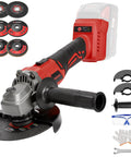 Milwaukee M18 cordless angle grinder, front view, 4.5 in wheel; includes 6 grinding discs, guards, handle, goggles