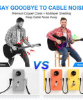 Comparison of guitarists using different cables; left with other cables causing noise, right using Heams noise-free cables