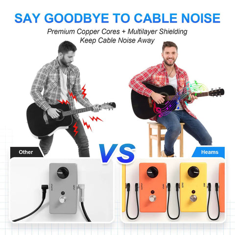 Comparison of guitarists using different cables; left with other cables causing noise, right using Heams noise-free cables