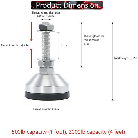 Heavy Duty Stainless Steel Adjustable Leveling Feet With 2000 Lb Capacity And M10 Thread Base For Shelving And Machinery Built Tough For The Daily Grind Real Deal dimensions diagram showing height and base measurements.