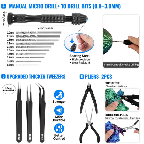 68-piece 3D printer tools kit with storage case; includes hand drill, micro drill bits, thick tweezers and pliers.