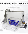 Stainless steel 30L ultrasonic cleaner with digital control panel, removable cleaning basket and drain valve for tools.