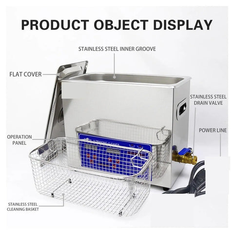 Stainless steel 30L ultrasonic cleaner with digital control panel, removable cleaning basket and drain valve for tools.
