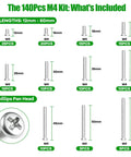 Go-To Extra Long M4 Phillips Pan Head Machine Screws, 304 Stainless Steel, 12mm to 60mm, 140-Piece Assortment sizes table