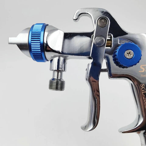 Close-up of Heavy Duty 206S Pneumatic Paint Spray Gun With 1.7mm Nozzle, showing trigger and nozzle detail.