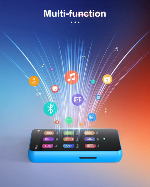 64GB 2.4 Inch Full Touch MP3 Player With Bluetooth 5.3 showcasing app icons and multifunction features on glowing screen.
