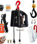 Super Durable 1100 Lb Electric Hoist Winch In 3 1 Design With 25 Ft Lifting Height And Overload Protection components including remote control, lifting hooks, and safety gloves.