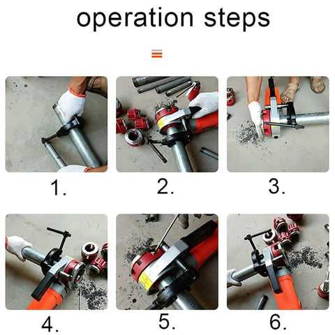 Operation steps for Heavy Duty Electric Pipe Threading Machine 2300W Motor showing user threading pipe.