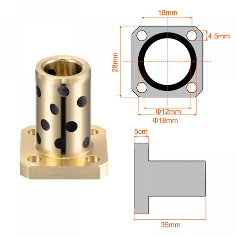 Pro Grade Sleeve Bearings With Square Flanged Heads Featuring Hassle Free Self Lubricating Graphite Bushings 12mm Bore And 18mm OD Plus 35mm Length with dimensions displayed.