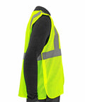Kickass High Visibility Safety Vest Featuring Rock Solid Five Point Breakaway System Top Shelf Reflective Dry Mesh For Tough Job Sites No Sweat Adjustable Fit Road Crews SM side view of fluorescent yellow mesh fabric with reflective strips.