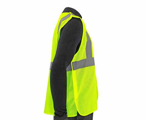 Kickass High Visibility Safety Vest Featuring Rock Solid Five Point Breakaway System Top Shelf Reflective Dry Mesh For Tough Job Sites No Sweat Adjustable Fit Road Crews SM side view of fluorescent yellow mesh fabric with reflective strips.