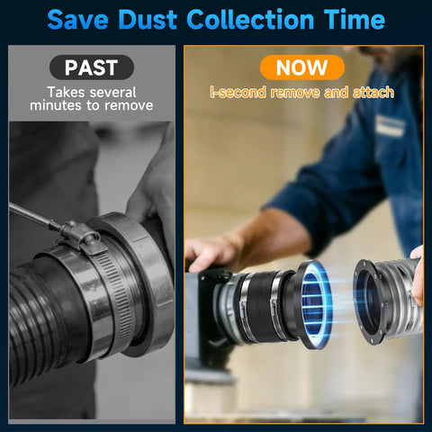 Slick Four Inch Magnetic Dust Collection Fittings Quick Swap Hose Adapter showcasing old vs new connection methods for woodworking tools.