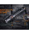 PD35 V3.0 1700 Lumen Tactical Flashlight Bundle with side switch and metal tail switch on camouflage background