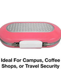 Pink Portable Small Lock Box With 4 Dial Resettable Combination, ideal for campus, coffee shops, or travel security.