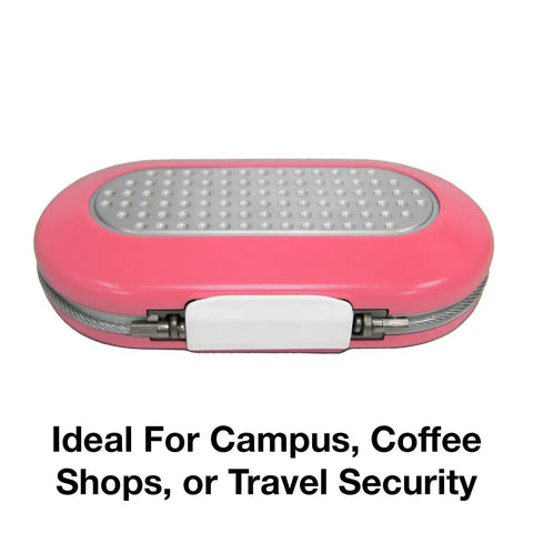 Pink Portable Small Lock Box With 4 Dial Resettable Combination, ideal for campus, coffee shops, or travel security.
