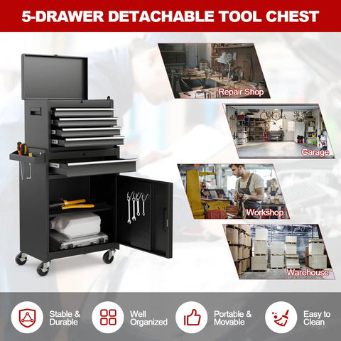 Two In One Tool Chest With Five Drawers Rolling Cabinet And Detachable Top Toolbox For Garage Workshop Universal Lockable Wheels And Lock Bar Protective Liner And Tool Rack Tough As Nails Metal Storage Cart with open drawers displaying tools on a rolling cart.