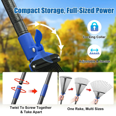 Adjustable Metal Leaf Rake With Expandable 8 To 17 Inch Head And 45 Inch Collapsible Heavy Duty Handle shown with locking collar.