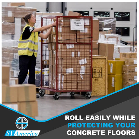 Warehouse worker using Heavy Duty Beast Mode 4X2 Industrial Casters featuring smooth phenolic wheels for easy mobility.
