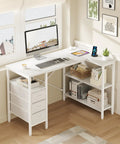 White L Shaped Desk With Shelf Drawers 47 Inch Corner Computer Desk For Gaming And Study With Power Outlet And Adjustable Shelves