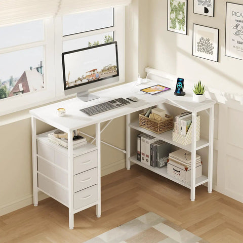 White L Shaped Desk With Shelf Drawers 47 Inch Corner Computer Desk For Gaming And Study With Power Outlet And Adjustable Shelves