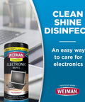 Container of Disinfecting Tech Wipes 99.9 Percent Germ Killer For Phones, Laptops, Keyboards, Tablets, Lenses And Glasses With Microfiber Towel in front of a laptop.