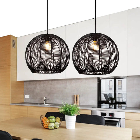 Small Black Rattan Pendant Light For Kitchen Island And Living Room Ceiling, Boho Wicker Chandelier, 11.8 Inch Shade, hanging in kitchen