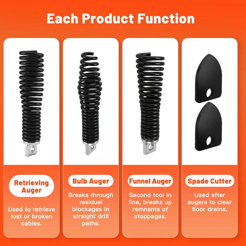 Image of 9 Pcs Drain Snake Drill Attachment Kit including retrieving auger, bulb auger, funnel auger, and spade cutter heads.