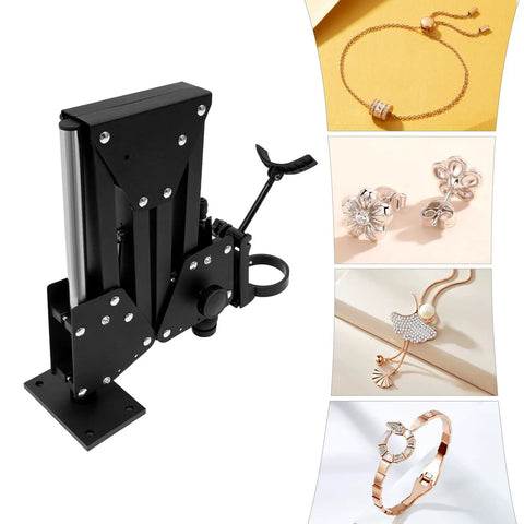 Pro Grade Micro Jewelry Inlaid Stand With 360 Degree Rotating Bracket For Diamond Setting And Engraving 77mm Jewelry Microscope Insert Machine Bracket Durable Steel Framework For Jewelry Making shown with jewelry pieces.