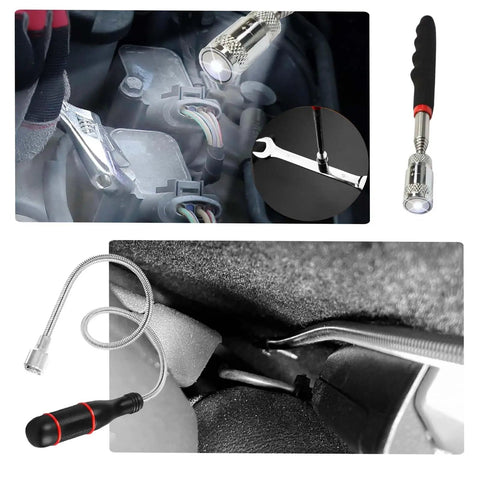 Telescoping Magnetic Pickup Tool Set With LED Light Flexible Bendable Magnetic Rod And 360 Degree Swivel Inspection Mirrors in use for retrieval