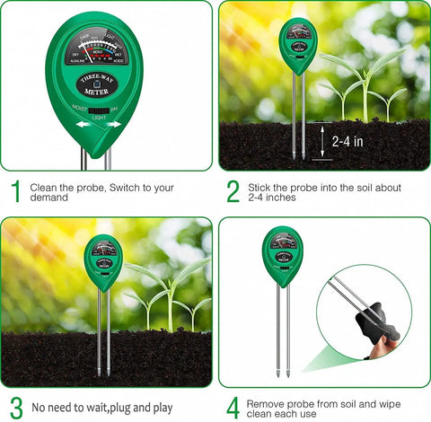 3 In 1 Soil Moisture Meter And pH Tester With Light Sensor for garden farm lawn use showing probe in soil for testing.
