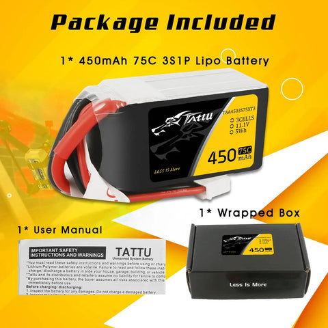 11.1V 3S 450mAh 75C LiPo Battery Pack With XT30 Plug box, manual, and battery for FPV multirotor drones